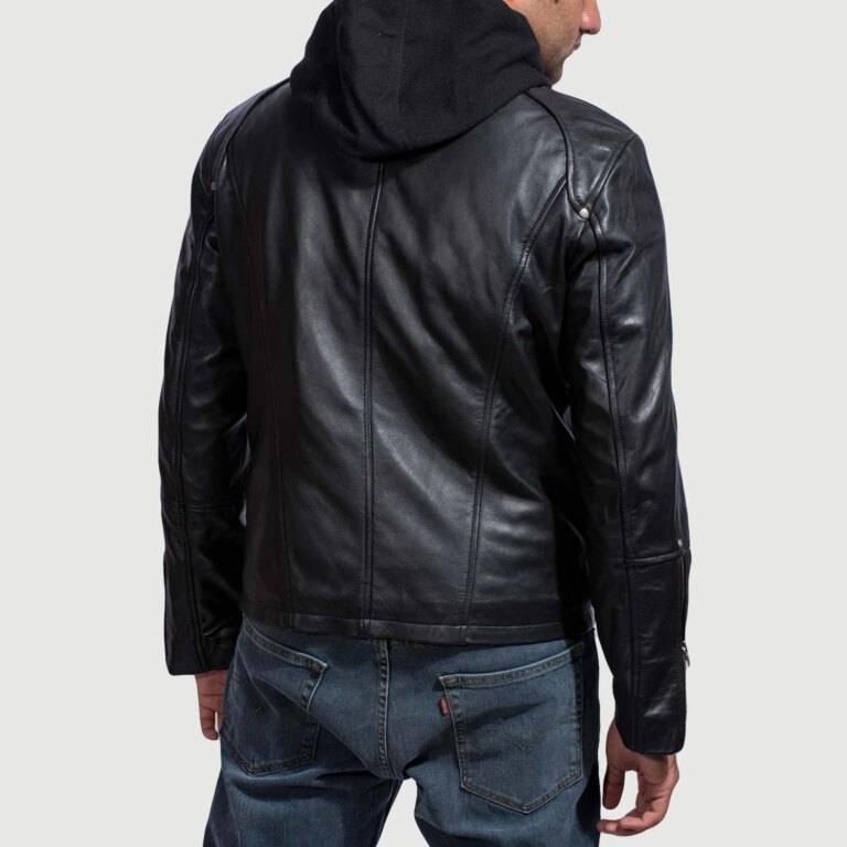 Mens Highschool Black Hooded Leather Jacket Tilted Back-8-1718118406642